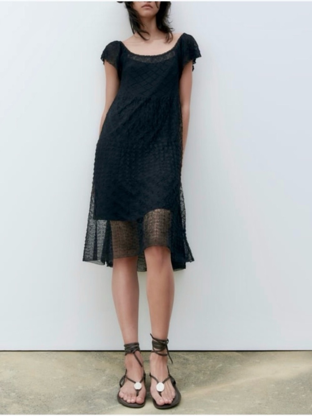 Zara Pointelle Knit Lace Midi Dress with Sheer Hem - Black